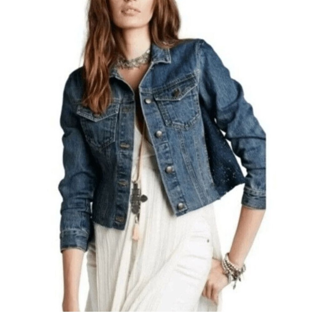 Free People Distressed Denim Jacket with Lace Insert Raw Hem Cropped Size M
